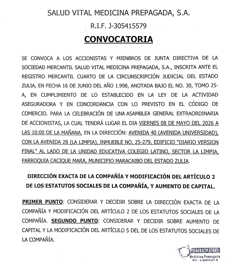 Convocatoria: Salud Vital Medicina Prepagada, S.A.